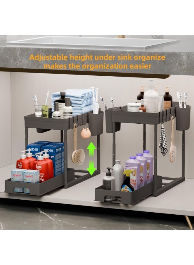 سيوسي Adjustable Under Sink Organizer, Pull-Out Storage Baskets with Telescoping Rod, Expandable Shelf Organizer for Kitchen & Bathroom Cabinets, Cleaning Supplies, Useful for Small Item (Black, 2-Tier) - Image 2